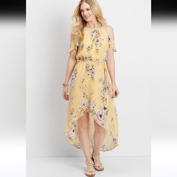 Maurices Cold Shoulder Floral Flowy Dress Yellow Large - Picture 1 of 7